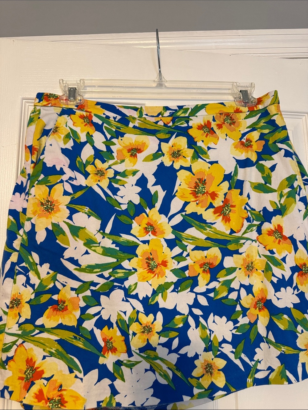 Susan Graver Blue A-Line Skort w/ blue shorts attached with Yellow Floral Print